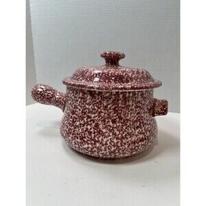 USA Pottery Red Spongeware Splatterware Bean Pot with handle and Lid Speckled